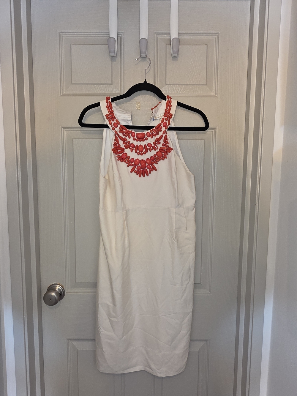 Shoshanna White Midi Silk Dress with Coral Beaded Neckline Size 6